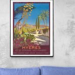 Affiche vintage d'une scène méditerranéenne à Agde sur Mer, avec palmiers et paysage coloré.