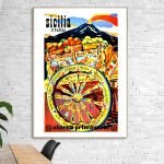 Affiche vintage colorée représentant la Sicile avec un motif de roue et des éléments typiques de la.