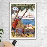 Affiche vintage illustrant le voyage en Orient par Messageries Maritimes, avec un bateau à vapeur et.