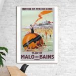 Affiche vintage de la plage de Malo, Reims 1909, avec des baigneurs et un train en arrière-plan.