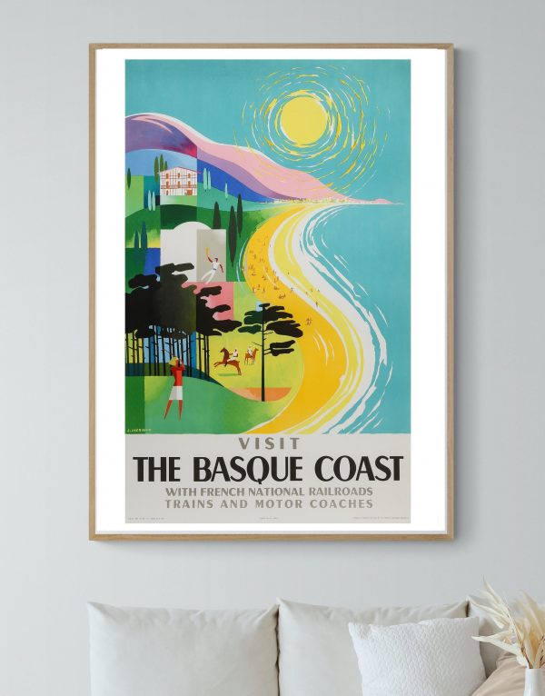 Affiche vintage de la Côte Basque avec paysages colorés et soleil brillant.