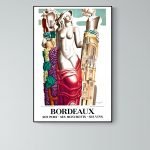 Affiche vintage représentant Bordeaux, ses monuments, son port et ses vins emblématiques. Parfaite d.