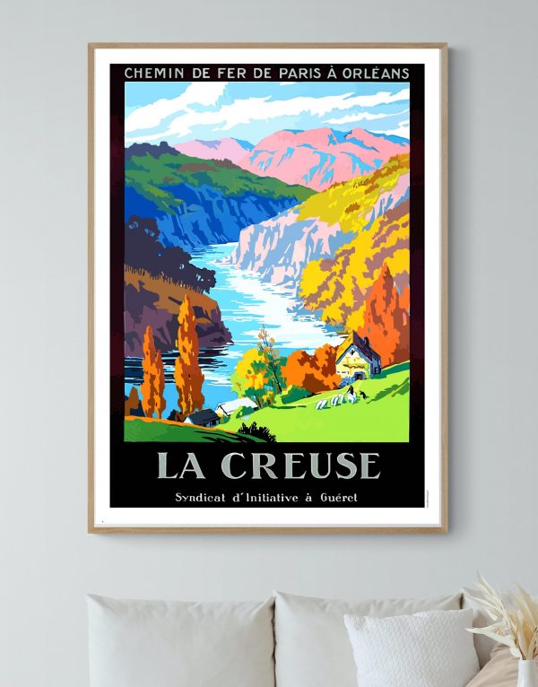 Affiche vintage du Lac Chambon en Auvergne, paysage coloré et rétro.