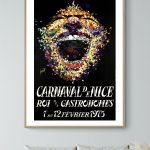 Affiche vintage du Carnaval de Nice 1975 avec un visage coloré et festif.