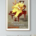 Affiche vintage musique instruments avec clown jouant du piano et instruments anciens.