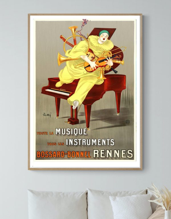 Affiche vintage musique instruments avec clown jouant du piano et instruments anciens.