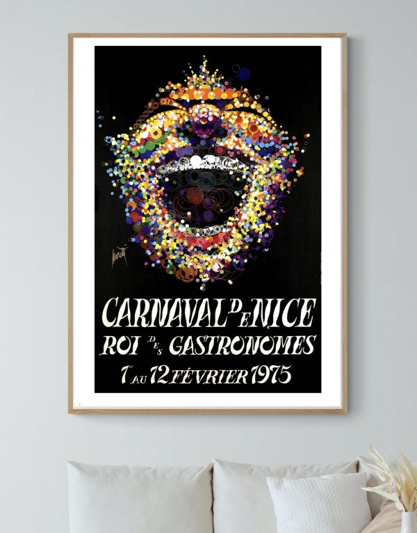 Affiche vintage du Carnaval de Nice 1975 avec un visage coloré et festif.