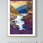 Affiche vintage du Festival de Cannes 1952, mettant en valeur le paysage du Jura avec cascade et mon.