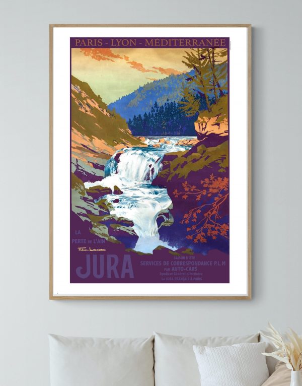 Affiche vintage du Festival de Cannes 1952, mettant en valeur le paysage du Jura avec cascade et mon.