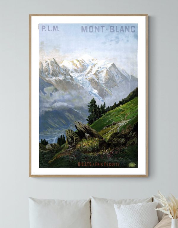 Affiche vintage du Mont Blanc avec paysage alpin et montagnes enneigées.