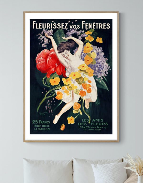 Affiche vintage pour le spectacle Folies Bergère, mettant en scène une danseuse entourée de fleurs c.