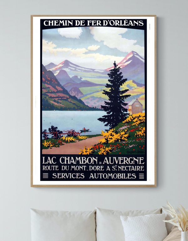 Affiche vintage du Lac Chambon en Auvergne avec montagnes et nature.