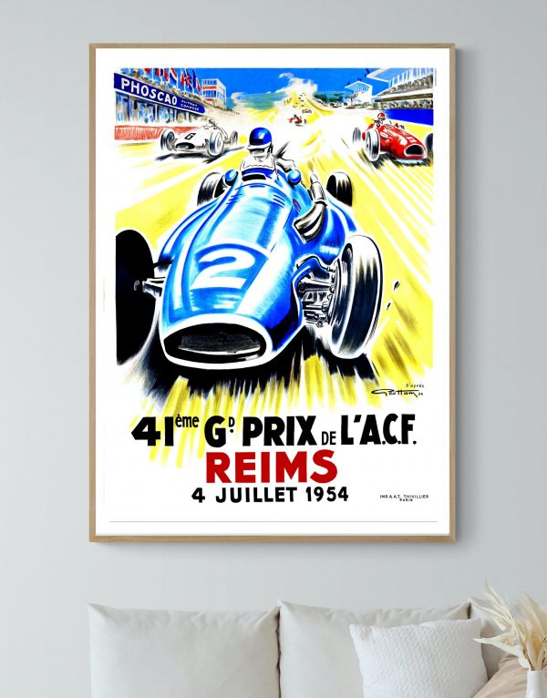 Affiche vintage Grand Prix Reims 1954, course automobile historique.