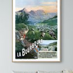 Affiche vintage du Lac Chambon en Auvergne, paysage montagneux avec village et activités traditionne.