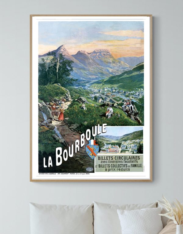 Affiche vintage du Lac Chambon en Auvergne, paysage montagneux avec village et activités traditionne.