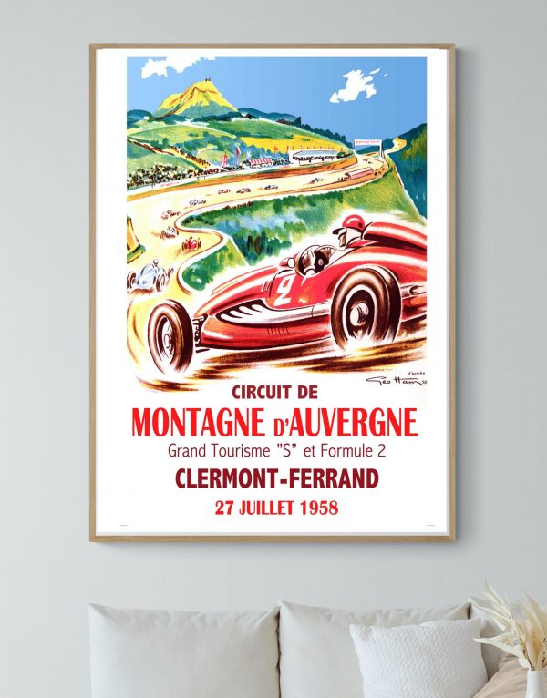 Affiche vintage du Grand Prix Reims 1954, course automobile historique en Auvergne.