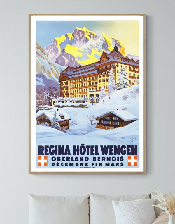 Affiche vintage de l'hôtel Regina Wengen dans les Alpes suisses enneigées, avec montagnes et village.