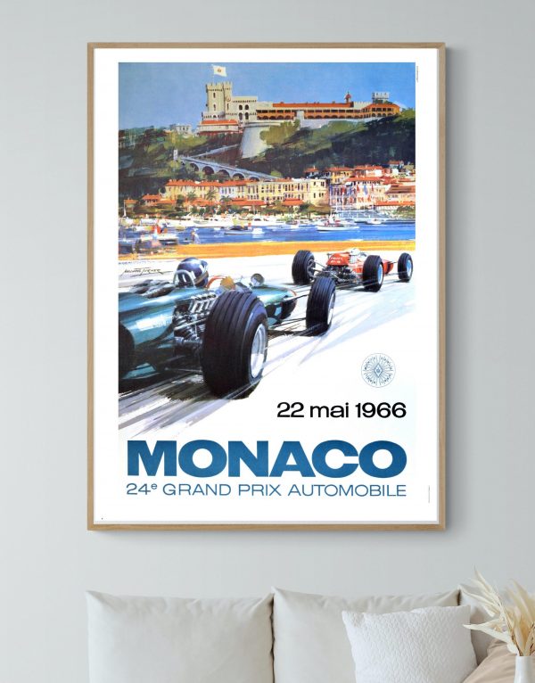 Affiche vintage du Grand Prix Monaco 1966, course automobile historique.