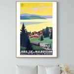 Affiche vintage du Lac Chambon en Auvergne, paysage coloré avec village et nature.
