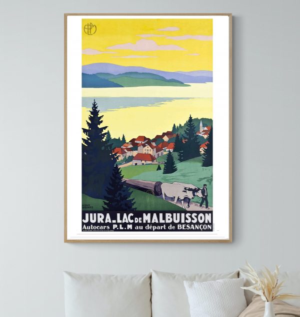 Affiche vintage du Lac Chambon en Auvergne, paysage coloré avec village et nature.