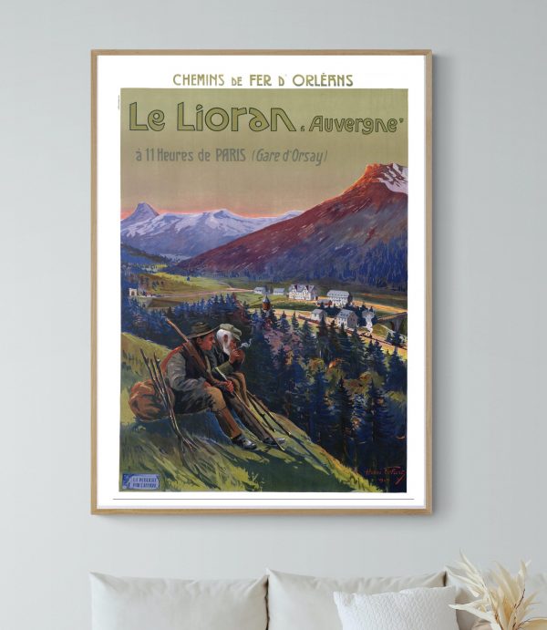 Affiche vintage du Lac Chambon en Auvergne, illustrant un paysage montagneux et un train historique.
