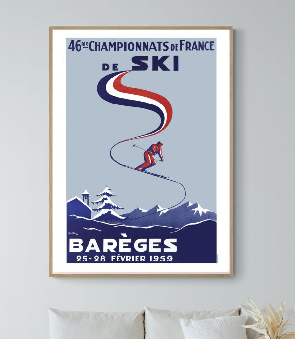 Affiche vintage des Championnats de ski de France à Barèges, 1959, avec skieur en action et paysage.