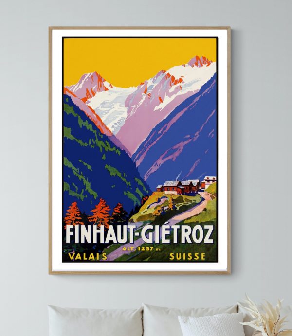 Panneau rétro de la vallée de Finhaut-Gietroz, Alpes suisses.