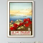 Affiche vintage du Lac Majeur avec fleurs rouges et paysage.