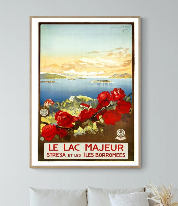 Affiche vintage du Lac Majeur avec fleurs rouges et paysage.
