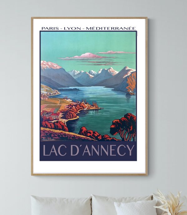 Affiche vintage du Lac d'Annecy, paysage emblématique de la région. Parfaite pour décoration murale.