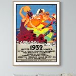 Affiche vintage du Carnaval de Nice 1932 avec personnages colorés en costumes festifs.