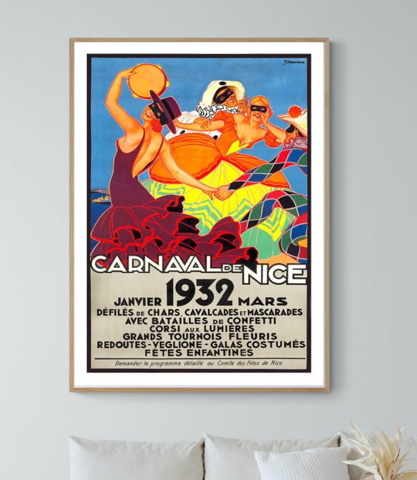 Affiche vintage du Carnaval de Nice 1932 avec personnages colorés en costumes festifs.