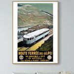Affiche vintage du Lac Chambon en Auvergne, paysage avec train et montagnes.