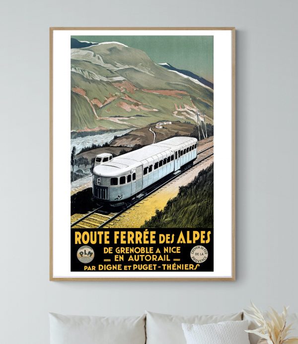 Affiche vintage du Lac Chambon en Auvergne, paysage avec train et montagnes.