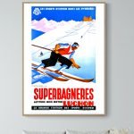 Affiche vintage de ski au Lac Chambon, Auvergne, avec montagnes et skieurs.
