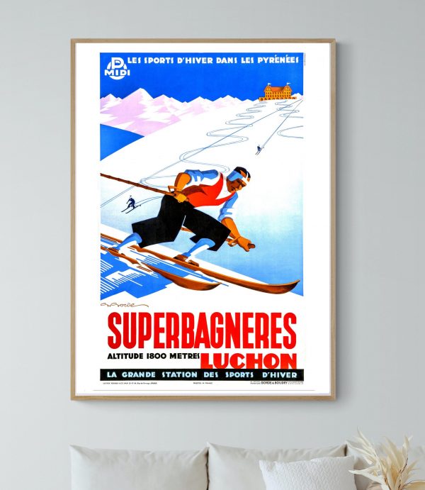 Affiche vintage de ski au Lac Chambon, Auvergne, avec montagnes et skieurs.