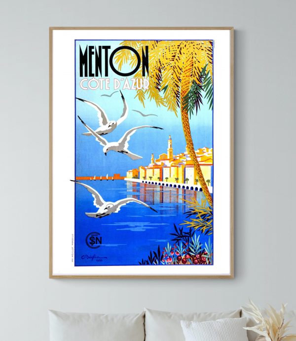 Affiche vintage du Carnaval de Nice 1975, avec palmiers, mer et oiseaux, évoquant la Côte d'Azur.