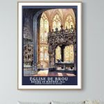 Affiche vintage du Festival du Film de Cannes 1952, mettant en valeur l'église de Brou à Bourg-en-Br.