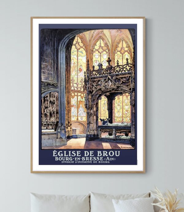 Affiche vintage du Festival du Film de Cannes 1952, mettant en valeur l'église de Brou à Bourg-en-Br.