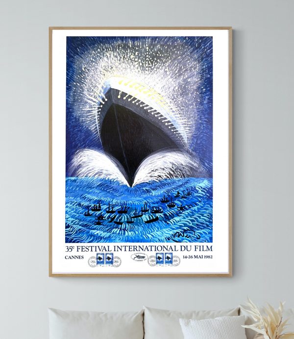 Affiche vintage du Festival International du Film de Cannes 1952, mettant en scène un grand navire d.