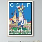 Panneau vintage de golf avec un golfeur en action, évoquant Miami et la côte basque.