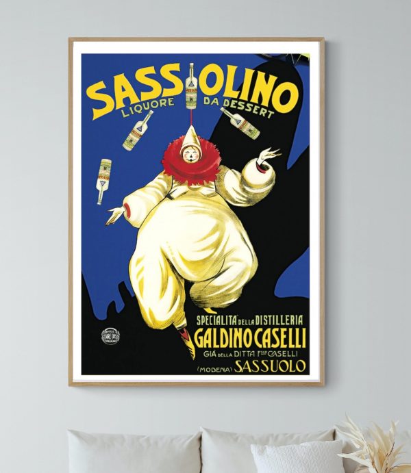 Affiche vintage pour le spectacle Folies Bergère, mettant en scène un clown avec bouteilles de liquo.