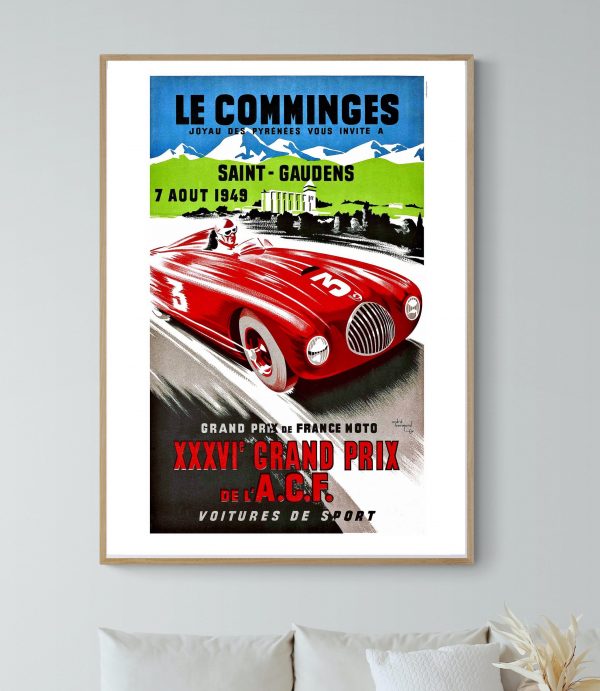 Affiche vintage du Grand Prix de Reims 1954 avec voiture de course rouge emblématique.