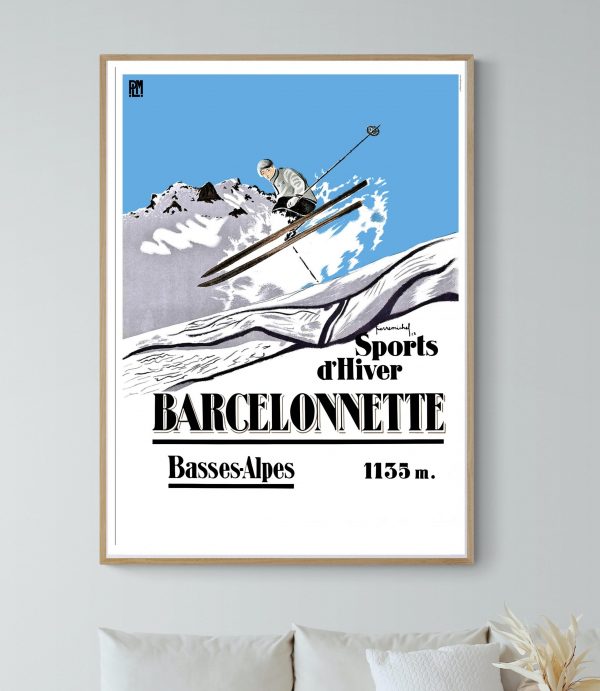 Affiche vintage de ski représentant une scène de sports d'hiver au Lac Chambon, dans les Alpes de Ba.