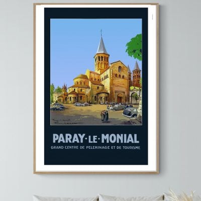 Affiche vintage du Festival de Cannes 1952, mettant en valeur le centre de Paray-le-Monial.