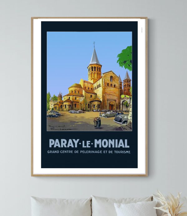 Affiche vintage du Festival de Cannes 1952, mettant en valeur le centre de Paray-le-Monial.