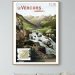 Affiche vintage du Vercors avec téléphérique à Serre Chevalier, paysage montagneux et rivière.