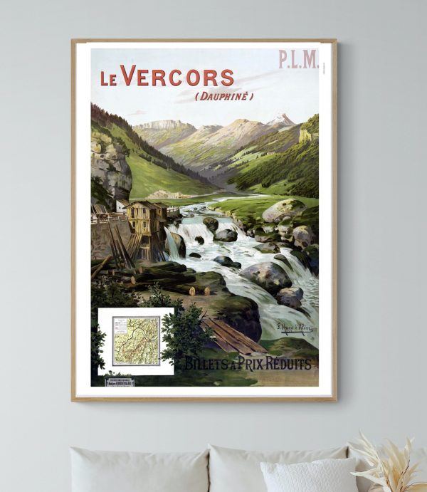 Affiche vintage du Vercors avec téléphérique à Serre Chevalier, paysage montagneux et rivière.