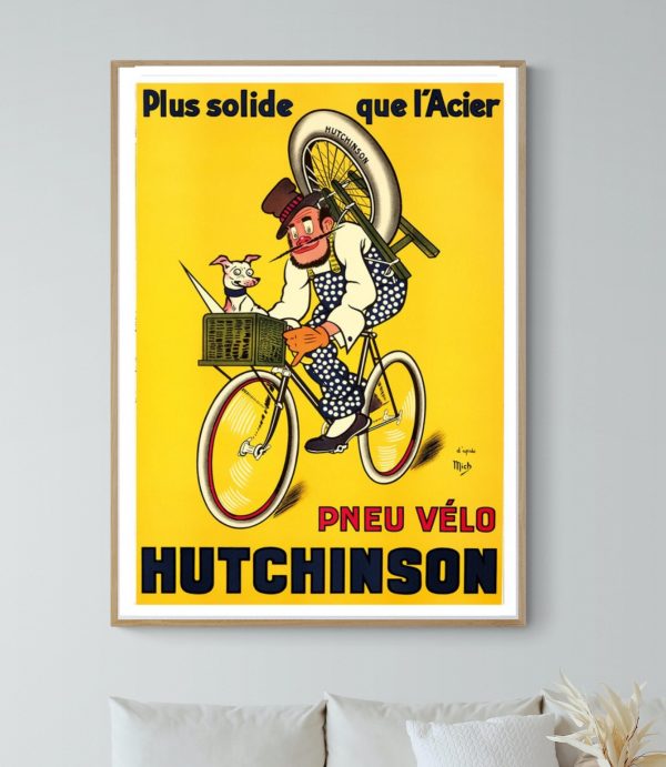 Affiche vintage promotionnelle pour pneus de vélo Hutchinson, style rétro et coloré.