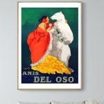Affiche vintage de Folies Bergère avec femme en robe rouge et ours blanc, promotion d’un spectacle v.